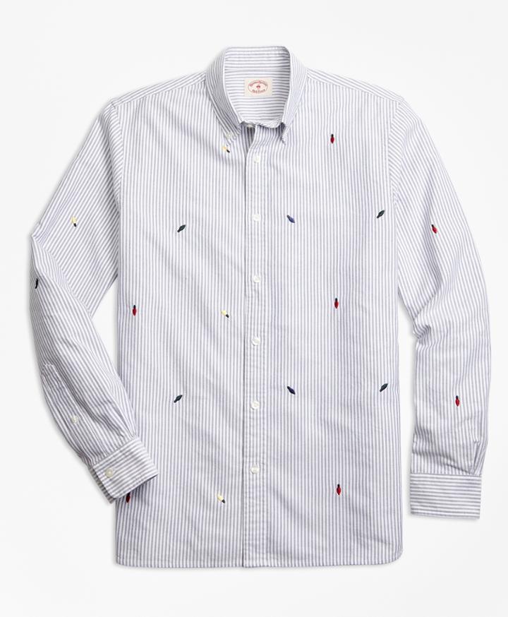 Brooks Brothers Men's Holiday Light-embroidered Striped Cotton Oxford Sport Shirt