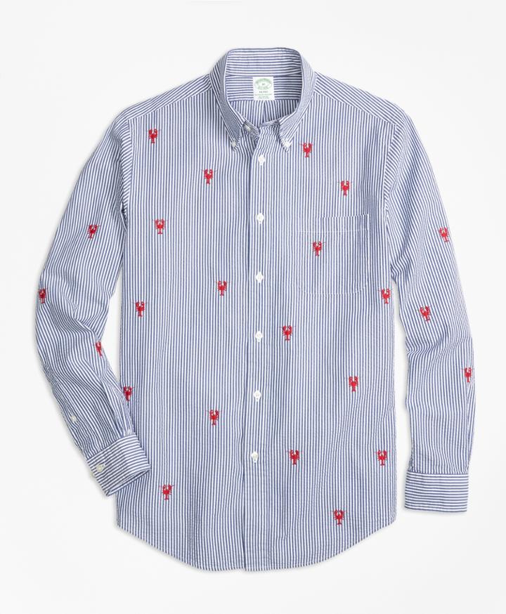 Brooks Brothers Men's Milano Fit Seersucker With Lobsters Sport Shirt