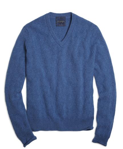 Brooks Brothers Soft Denim Cashmere Basketweave V-neck Sweater