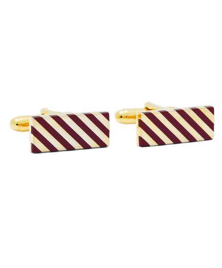 Brooks Brothers Burgundy And Gold Diagonal Stripe Rectangular Cuff Links