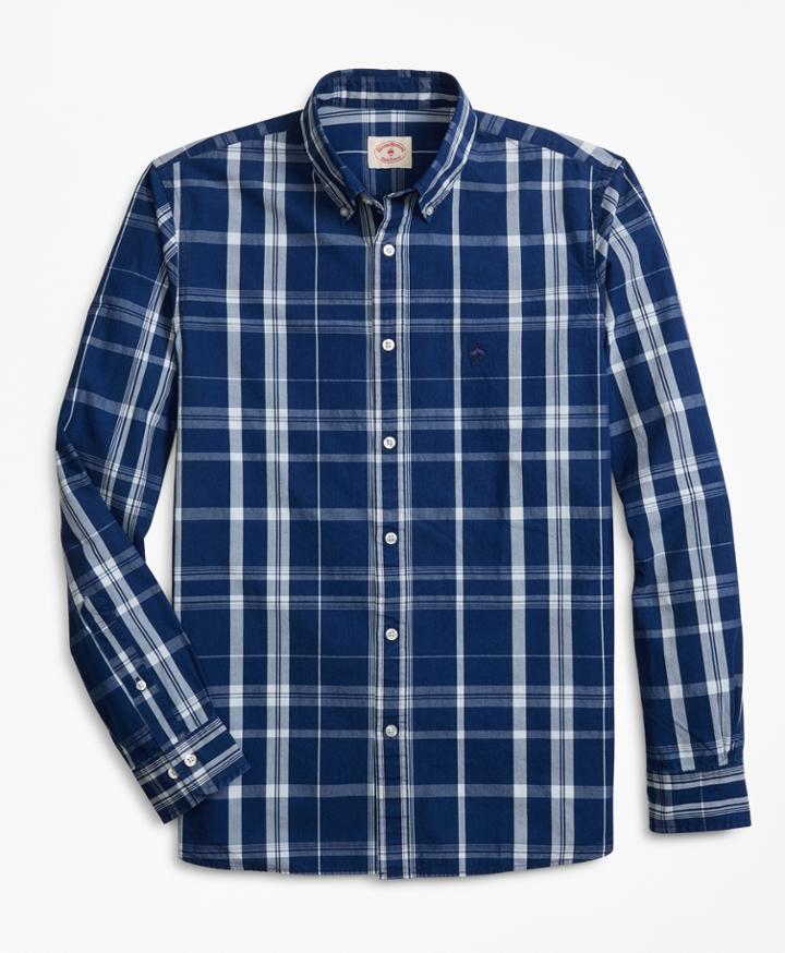 Brooks Brothers Men's Indigo-dyed Plaid Cotton Broadcloth Sport Shirt