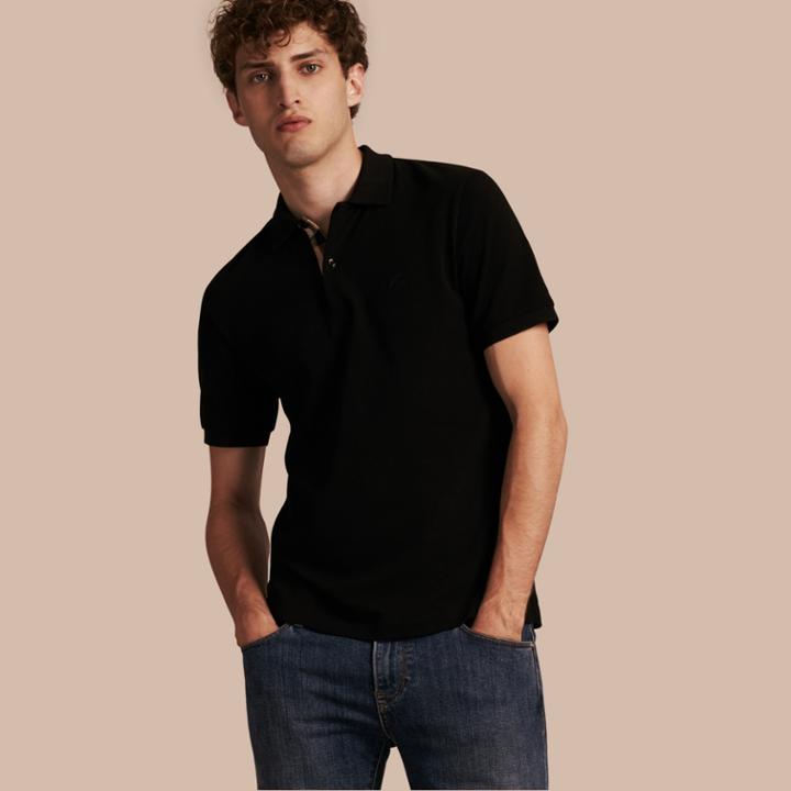 Burberry Burberry Check Placket Cotton Piqu Polo Shirt, Black