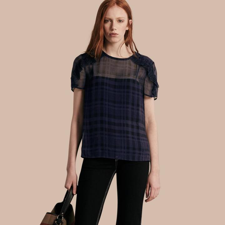 Burberry Burberry Frill Detail Check Sheer Silk Crepon Top, Blue