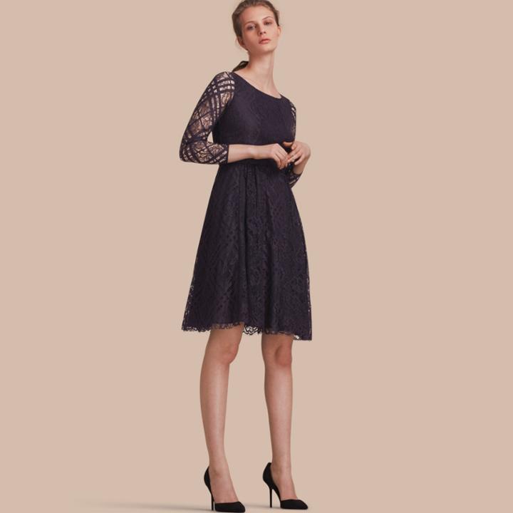 Burberry Burberry Check Lace Fit And Flare Dress, Size: 06, Blue