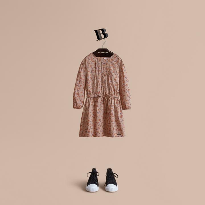 Burberry Burberry Pintuck Detail Floral Cotton Dress, Size: 14y, Orange