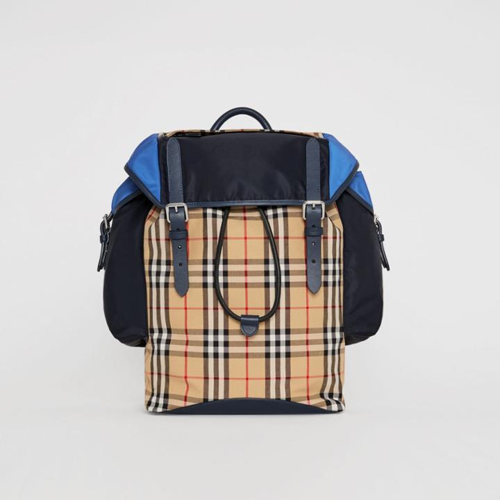 Burberry Burberry Colour Block Vintage Check And Leather Backpack, Blue