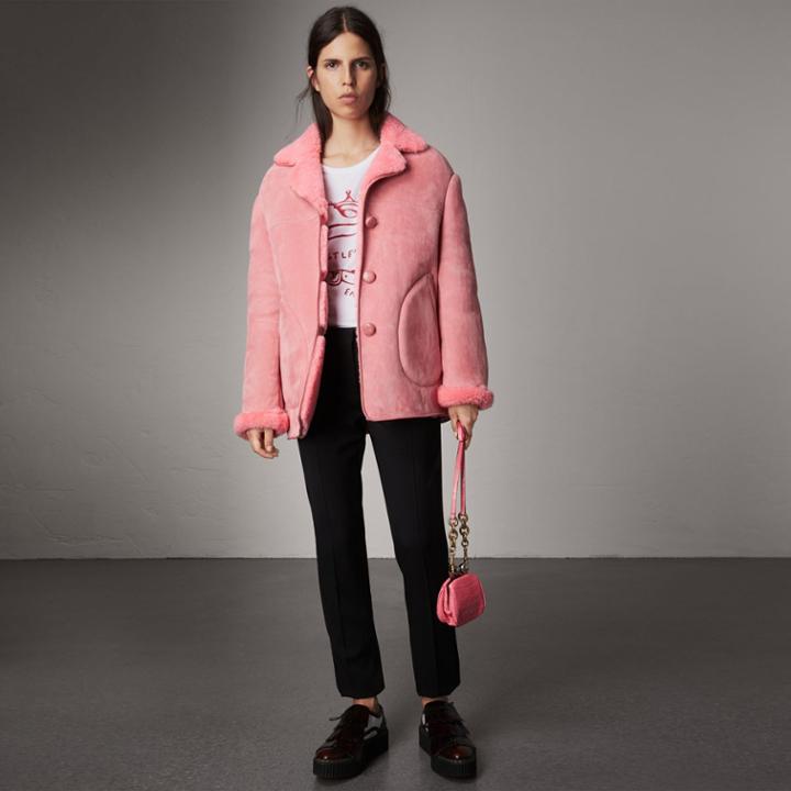 Burberry Burberry Leather Trim Shearling Oversized Jacket, Size: 04