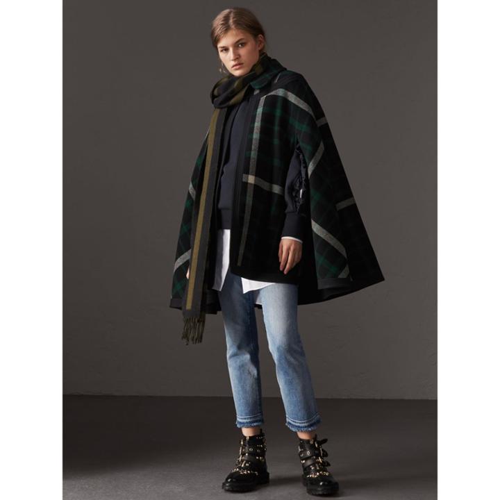 Burberry Burberry Exploded Tartan Wool Cape, Size: S, Black