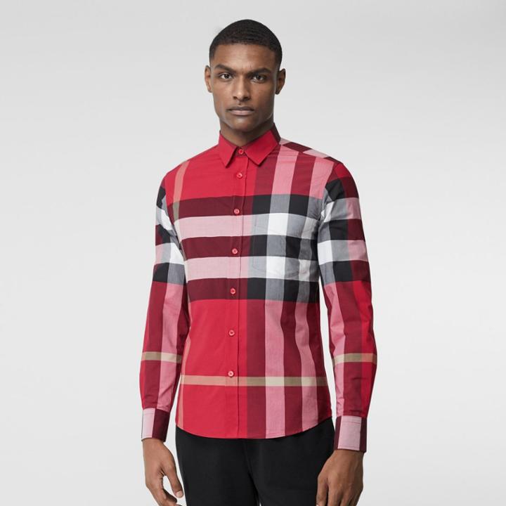 Burberry Burberry Check Stretch Cotton Poplin Shirt, Size: Xxl, Parade Red