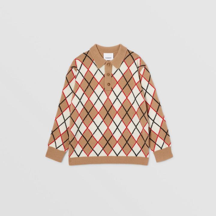 Burberry Burberry Childrens Long-sleeve Argyle Intarsia Wool Cashmere Polo Shirt, Size: 14y, Beige