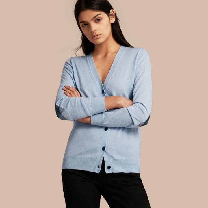 Burberry Burberry Check Detail Merino Wool Cardigan, Blue
