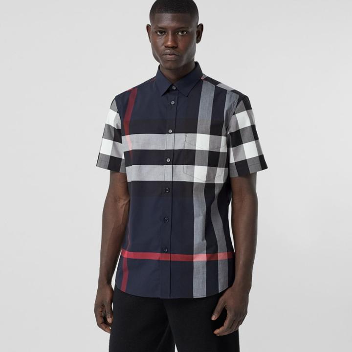 Burberry Burberry Short-sleeve Check Stretch Cotton Poplin Shirt, Size: Xl, Blue