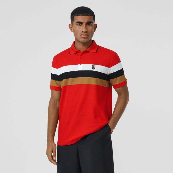 Burberry Burberry Monogram Motif Striped Cotton Polo Shirt, Red