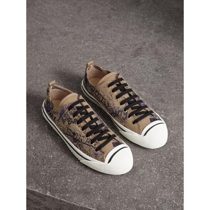 Burberry Burberry Doodle Print Cotton Gabardine Trainers, Size: 36.5