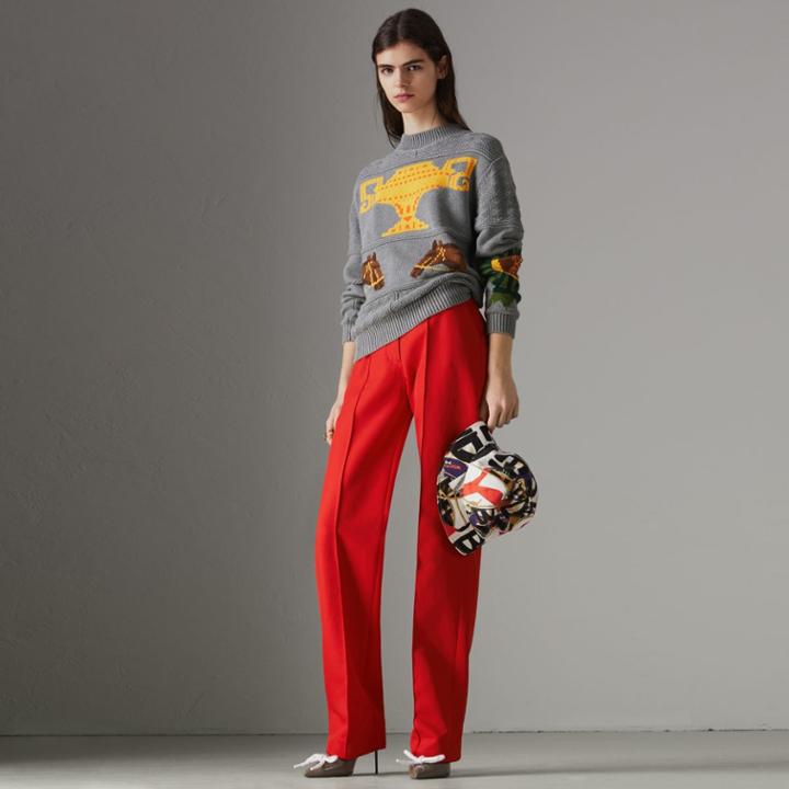 Burberry Burberry Equestrian Intarsia Cotton Wool Sweater, Grey