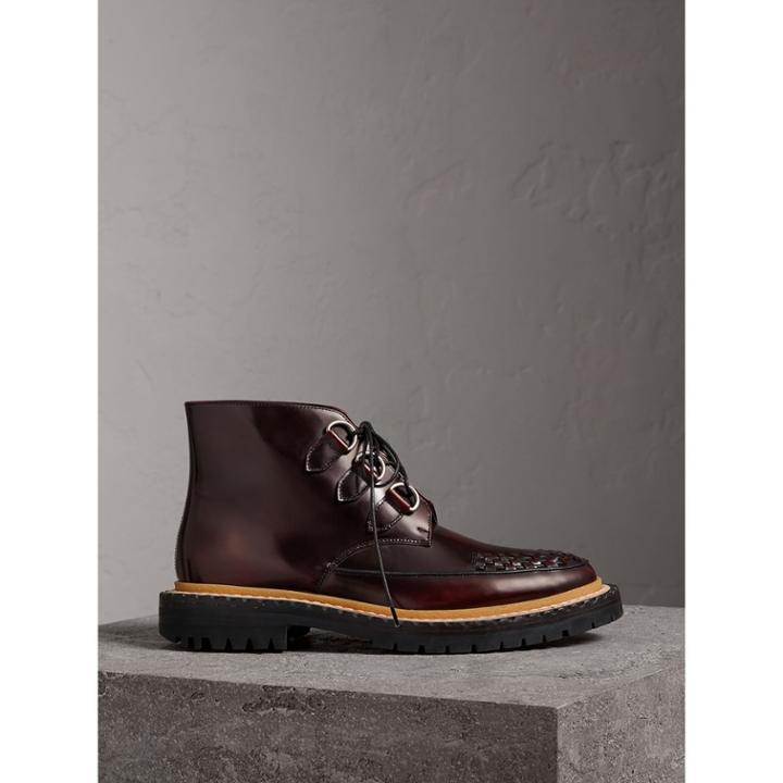 Burberry Burberry Woven-toe Polished Leather Ankle Boots, Size: 37