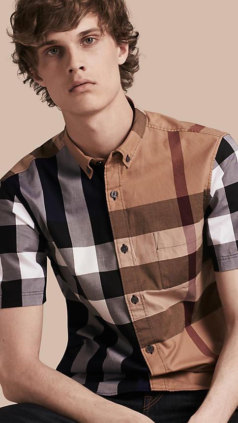 Burberry Short-sleeved Colour Block Check Cotton Shirt