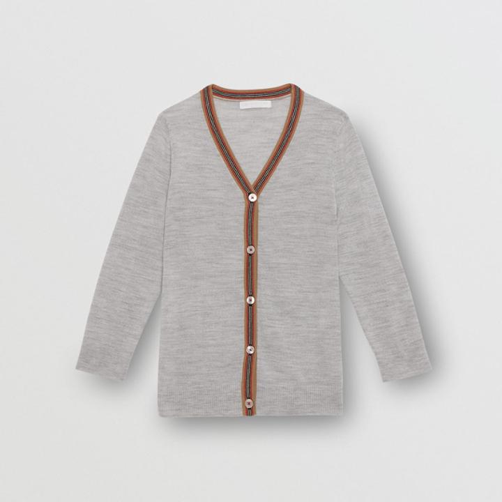 Burberry Burberry Childrens Icon Stripe Detail Merino Wool Cardigan, Size: 14y, Grey