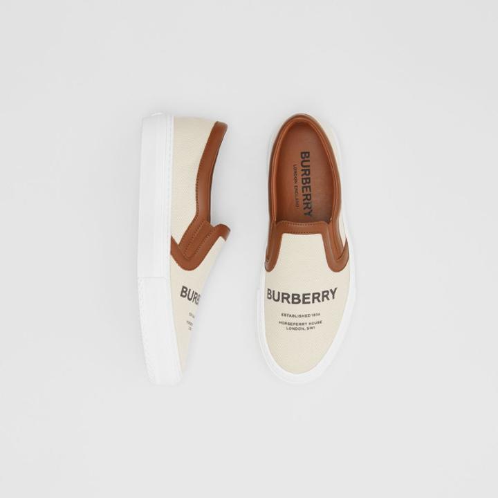 Burberry Burberry Horseferry Print Cotton And Leather Slip-on Sneakers, Size: 35, Brown