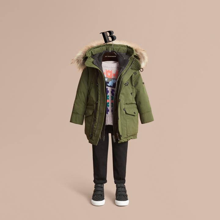 Burberry Burberry Fur-trimmed Down-filled Hooded Puffer Coat, Size: 14y, Green