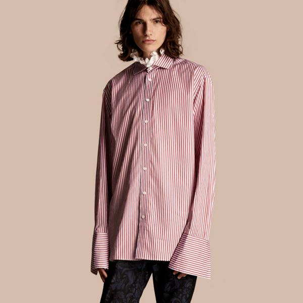 Burberry Ruff Collar Striped Cotton Shirt