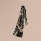 Burberry Burberry Patchwork Lace Print Check Wool Silk Scarf, Beige