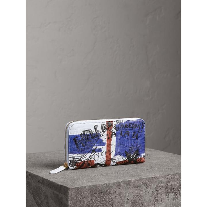 Burberry Burberry Doodle Print Coated Canvas Ziparound Wallet, White