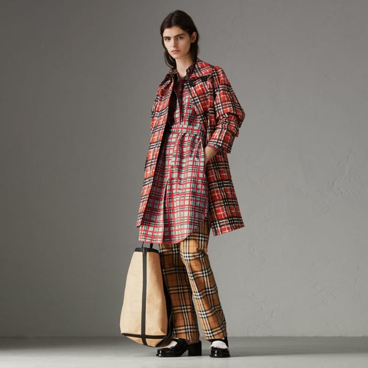 Burberry Burberry Painted Check Cotton Tie-waist Shirt Dress, Size: 12, Blue