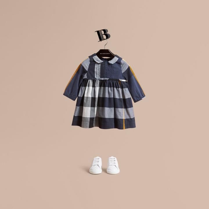 Burberry Burberry Long-sleeve Check Pintuck Bib Cotton Dress, Size: 2y, Blue