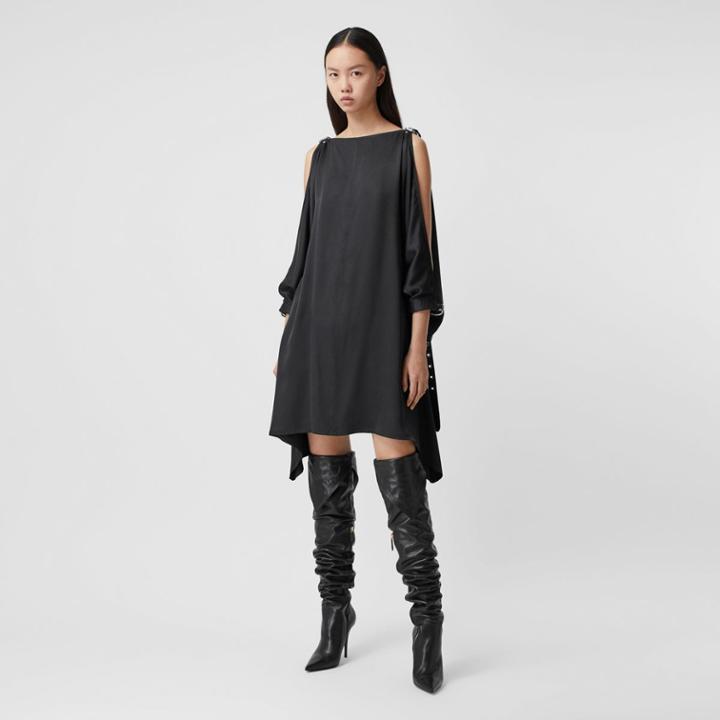 Burberry Burberry Strap Detail Location Print Silk Satin Dress, Size: 04, Black