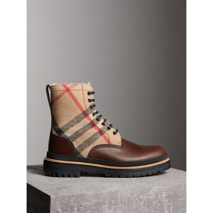 Burberry Burberry Shearling-lined Leather And Check Boots, Size: 43, Beige