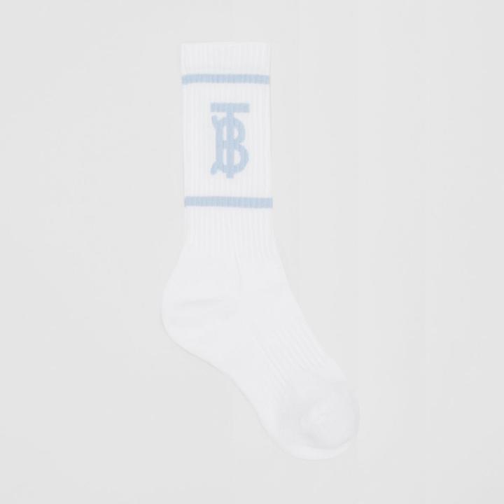 Burberry Burberry Monogram Motif Intarsia Socks, Size: L, White/pale Blue