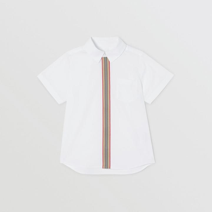 Burberry Burberry Childrens Short-sleeve Icon Stripe Trim Stretch Cotton Shirt, Size: 14y, White