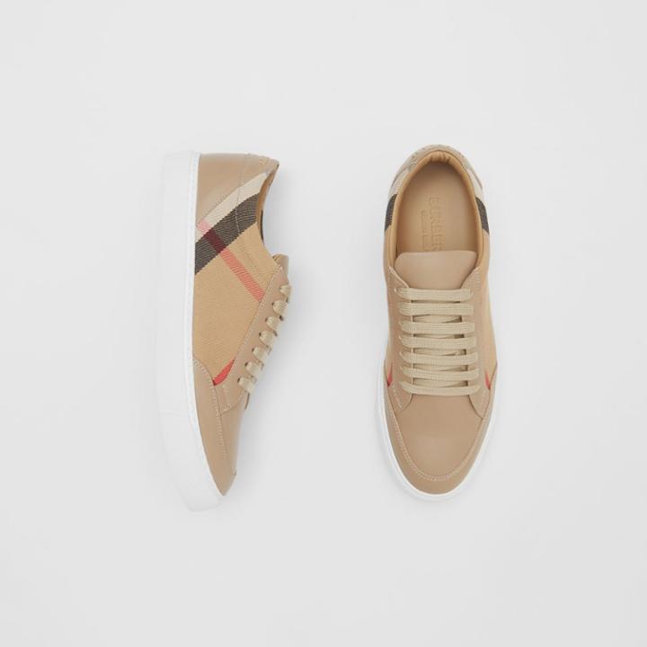 Burberry Burberry House Check And Leather Sneakers, Size: 37, Brown