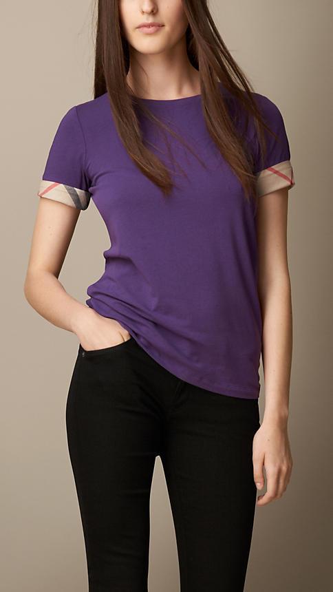 Burberry Brit Check Cuff Stretch Cotton T-shirt