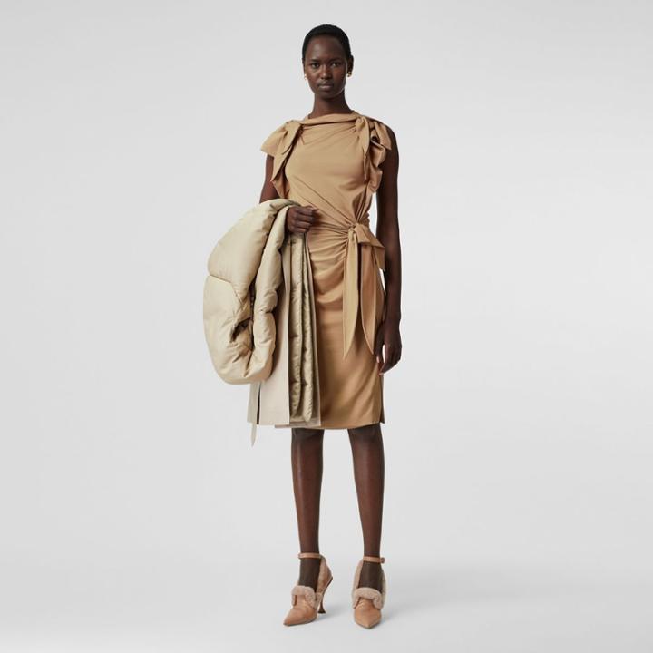 Burberry Burberry Tie Detail Tri-tone Silk Jersey Dress, Size: 04, Brown