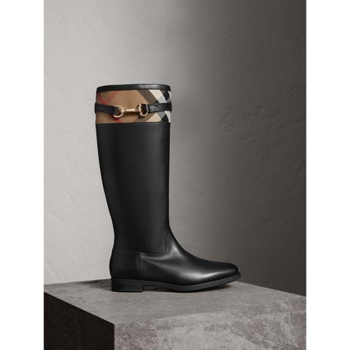Burberry Burberry House Check Detail Riding Boots, Size: 36, Black