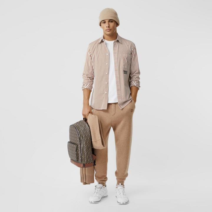 Burberry Burberry Embroidered Logo Patchwork Striped Cotton Shirt, Brown