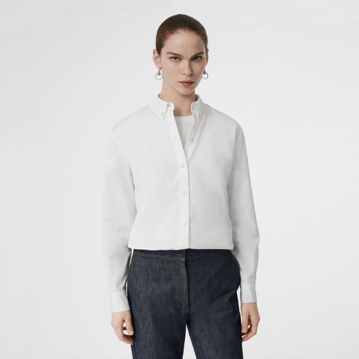 Burberry Burberry Button-down Collar Monogram Motif Cotton Shirt, Size: 06, White