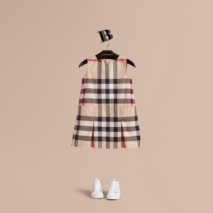 Burberry Burberry Pleated Check Washed Cotton A-line Dress, Size: 6y, Beige