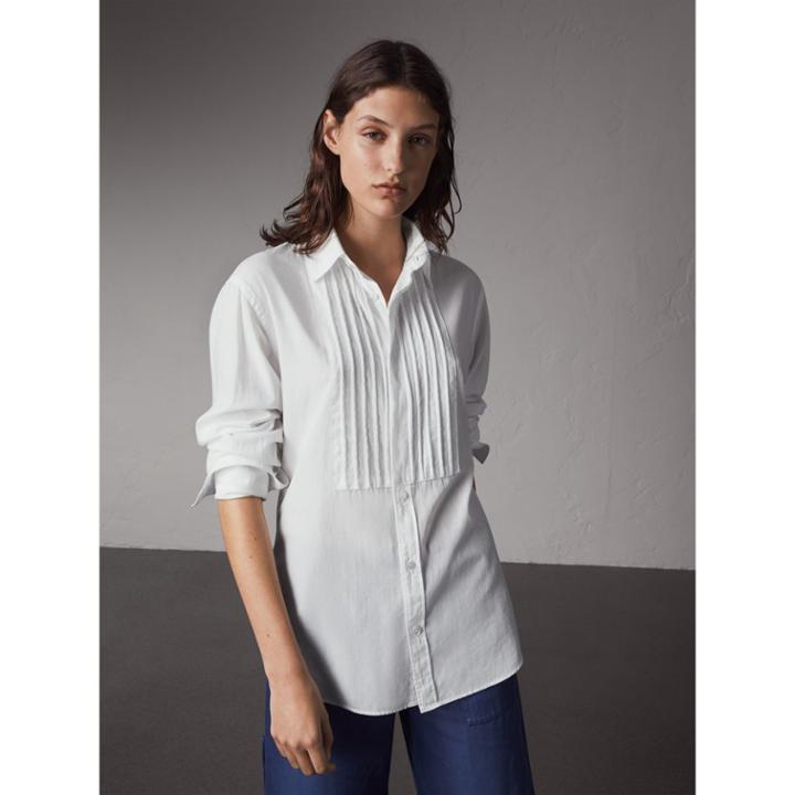 Burberry Burberry Unisex Double-cuff Pintuck Bib Cotton Shirt, Size: Xxs, White