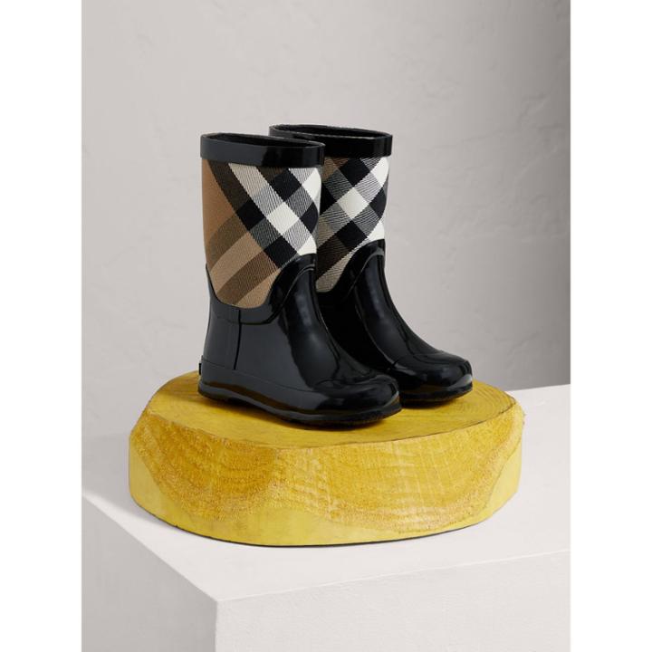 Burberry Burberry House Check Panel Rain Boots, Size: 8.5, Black