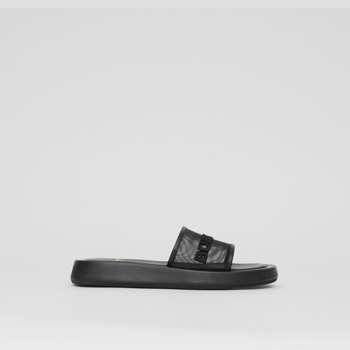 Burberry Burberry Embroidered Logo Mesh And Leather Slides, Size: 37