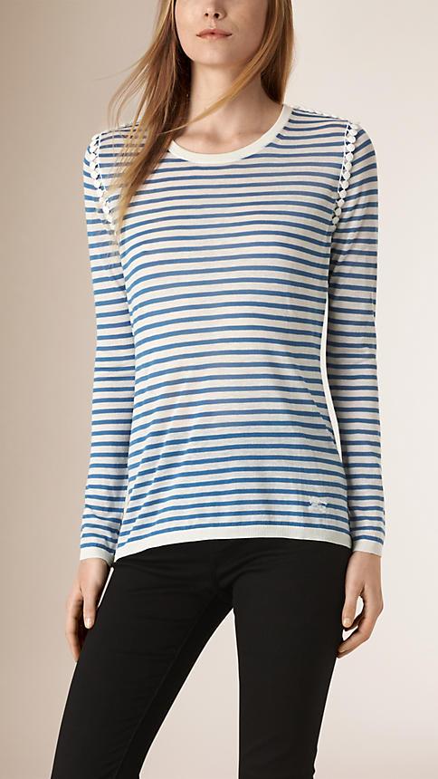 Burberry Brit Pom-pom Detail Striped Silk Cotton T-shirt