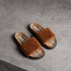 Burberry Burberry Shearling And Vintage Check Slides, Size: 36, Brown