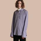 Burberry Ruffle Detail Double Cuff Striped Cotton Shirt