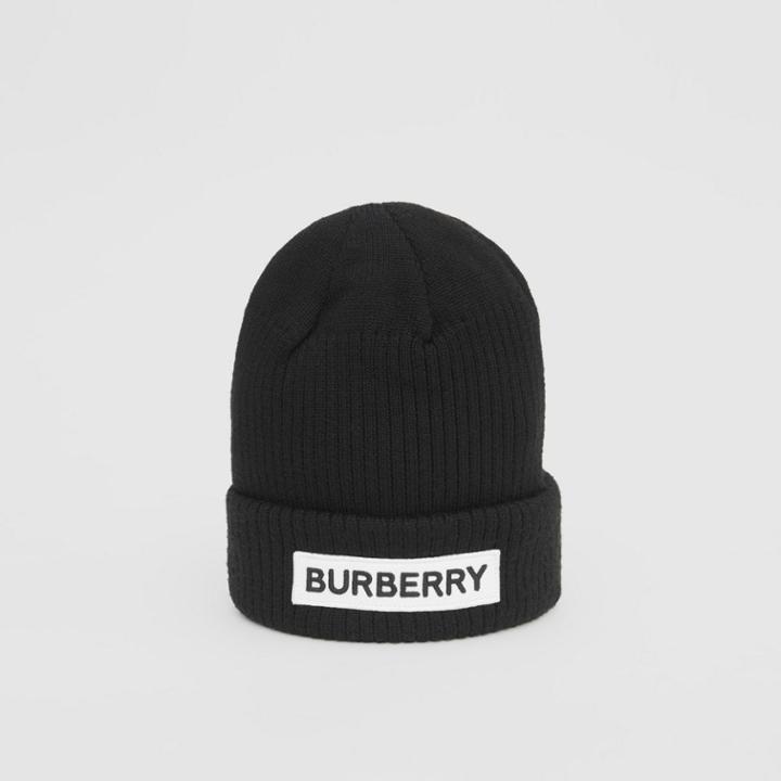 Burberry Burberry Childrens Logo Detail Rib Knit Merino Wool Beanie, Black