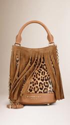 Burberry The Small Bucket Bag In Animal Print Calfskin And Fringing