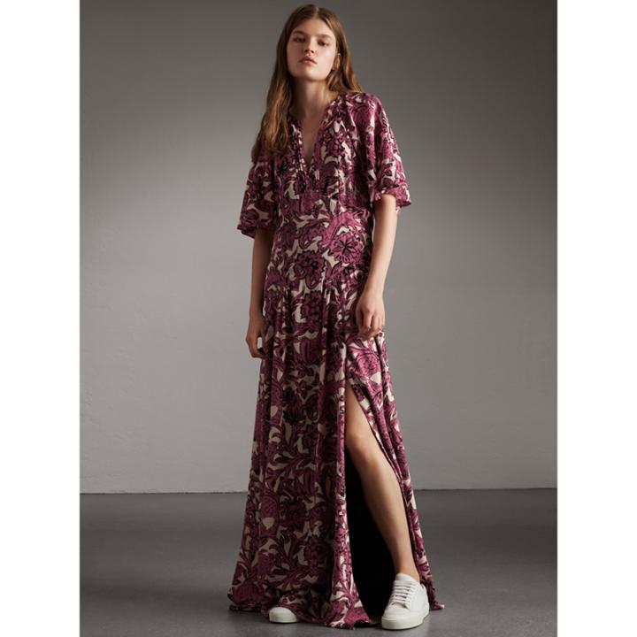 Burberry Burberry Beasts Print Deep V-neck Silk Longline Dress, Size: 04, Red