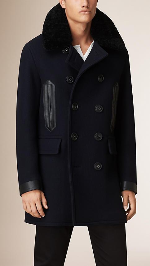 Burberry Brit Shearling Collar Wool Blend Pea Coat